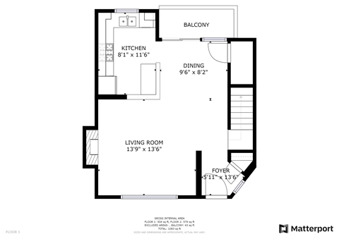 Floor plan for 3 beds, 2 baths, 1000 sqft